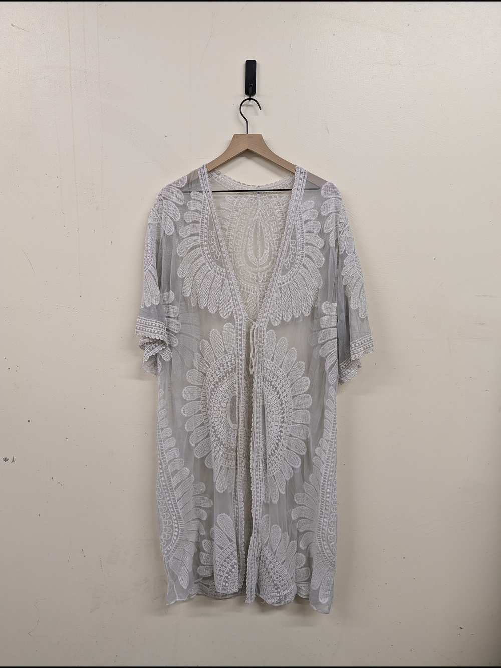 Boho Sheer Embroidered Kimono Cover-Up in White One Size